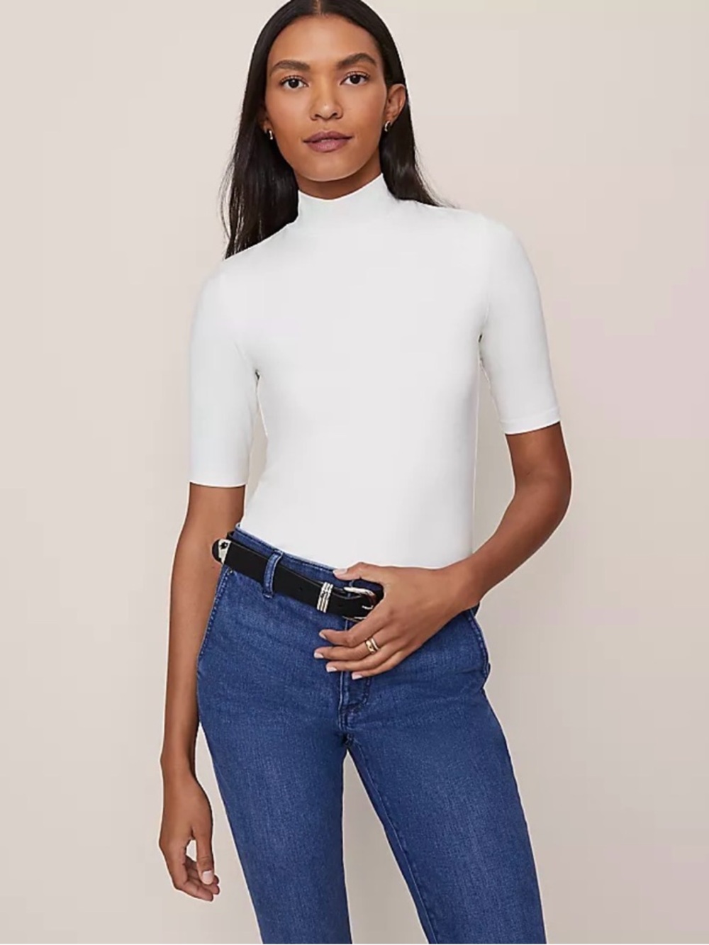 NWT Ann Taylor Winter White Short Sleeve Mock Neck Top